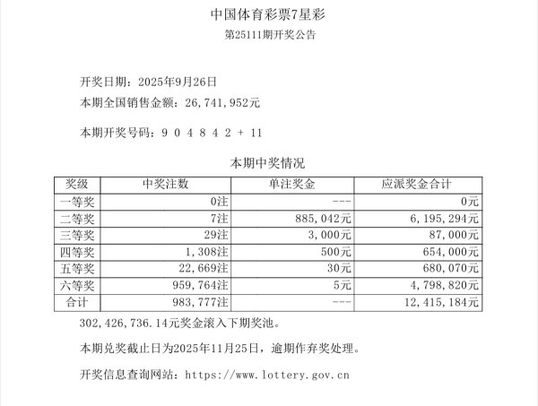 金谷子 中国体育彩票9月26日开奖结果